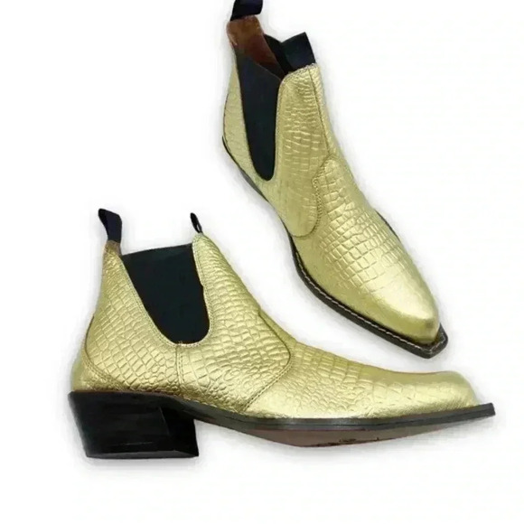 FREE PEOPLE Gold Croc Embossed Beau Western Chelsea Boot Ankle Booties - Picture 1 of 5